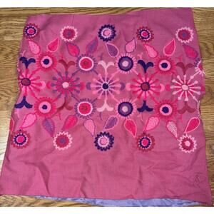 Vintage MCM Hot Pink Unframed Crewel Embroidered Panel Floral Fabric 19” x 19”